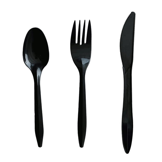 Boardwalk Three-Piece Cutlery Kit, Fork/Knife/Teaspoon, Polystyrene, Black, 250/Carton (3KITBLPS)