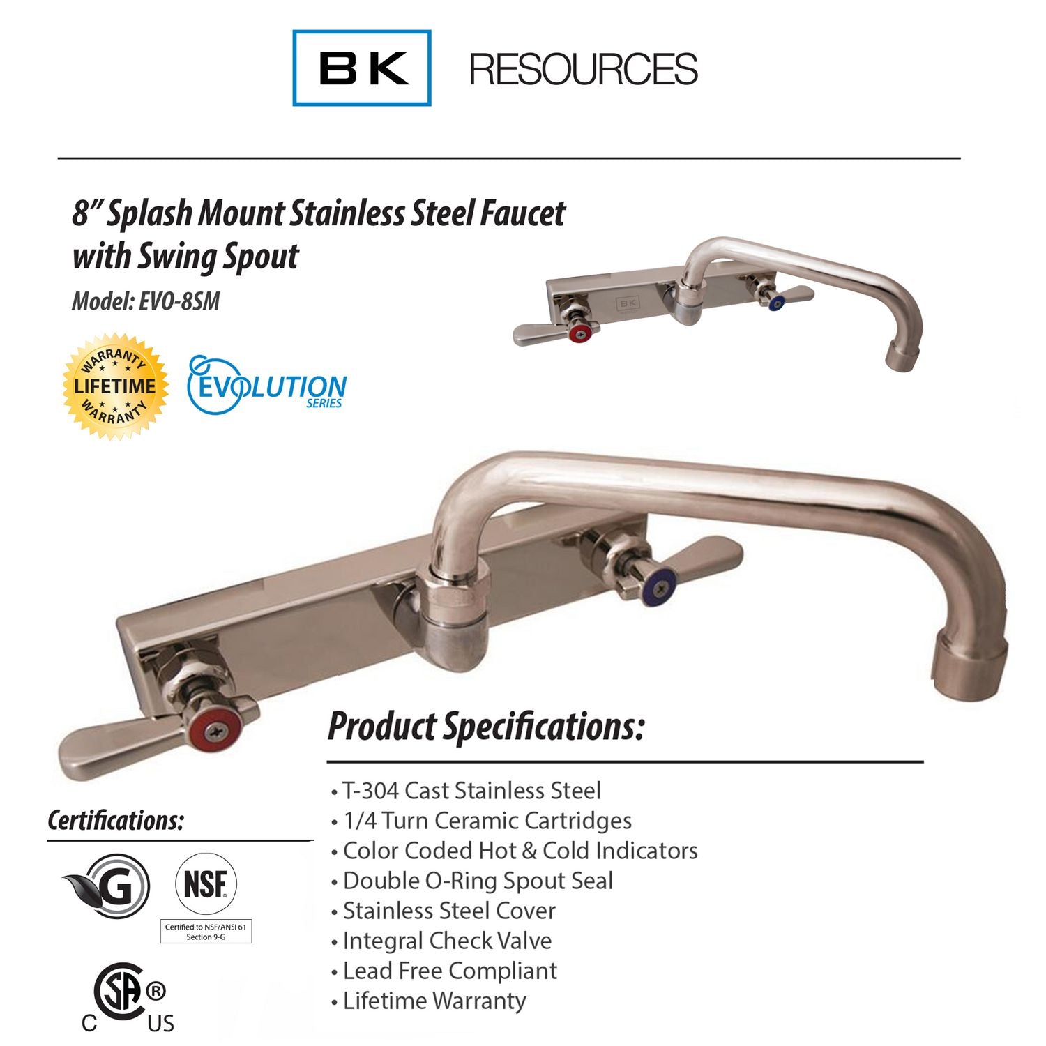 BK Resources Evolution Splash Mount Stainless Steel Faucet, 4.69" Height/12" Reach, Stainless Steel (EVO8SM12)