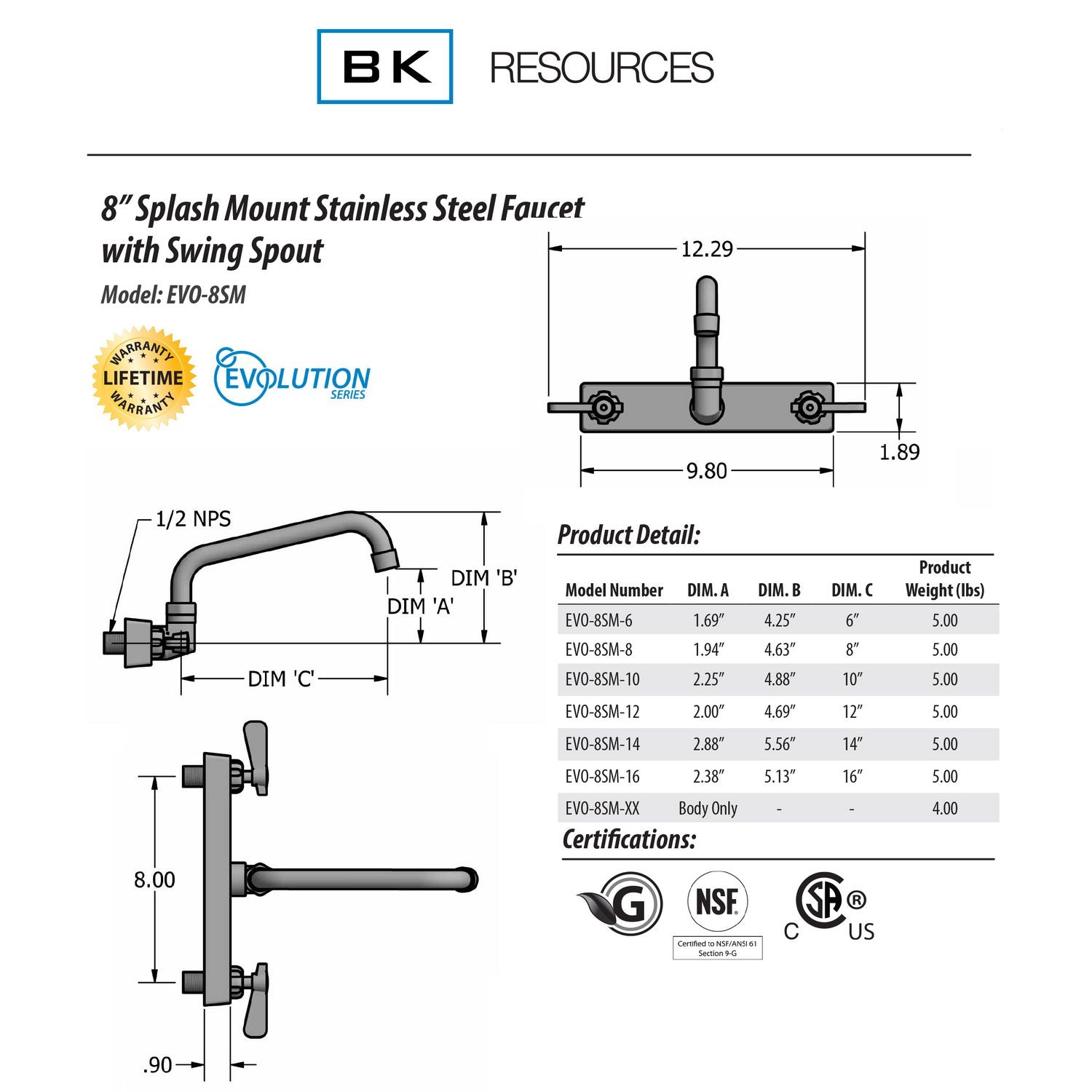 BK Resources Evolution Splash Mount Stainless Steel Faucet, 4.69" Height/12" Reach, Stainless Steel (EVO8SM12)