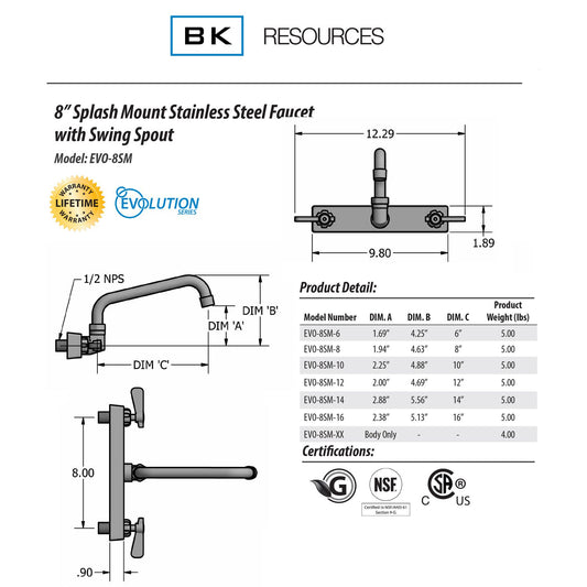 BK Resources Evolution Splash Mount Stainless Steel Faucet, 4.63" Height, 8" Reach, Stainless Steel (EVO8SM8)