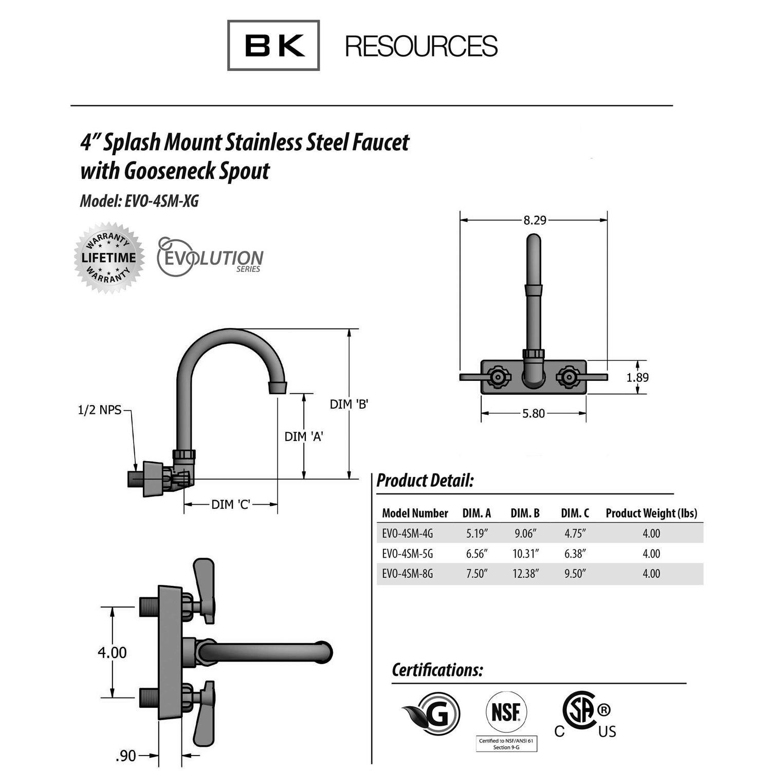 BK Resources Evolution Splash Mount Stainless Steel Faucet, 9.06" Height/4.5" Reach, Stainless Steel (EVO4SM4G)