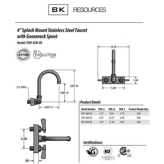 BK Resources Evolution Splash Mount Stainless Steel Faucet, 9.06" Height/4.5" Reach, Stainless Steel (EVO4SM4G)