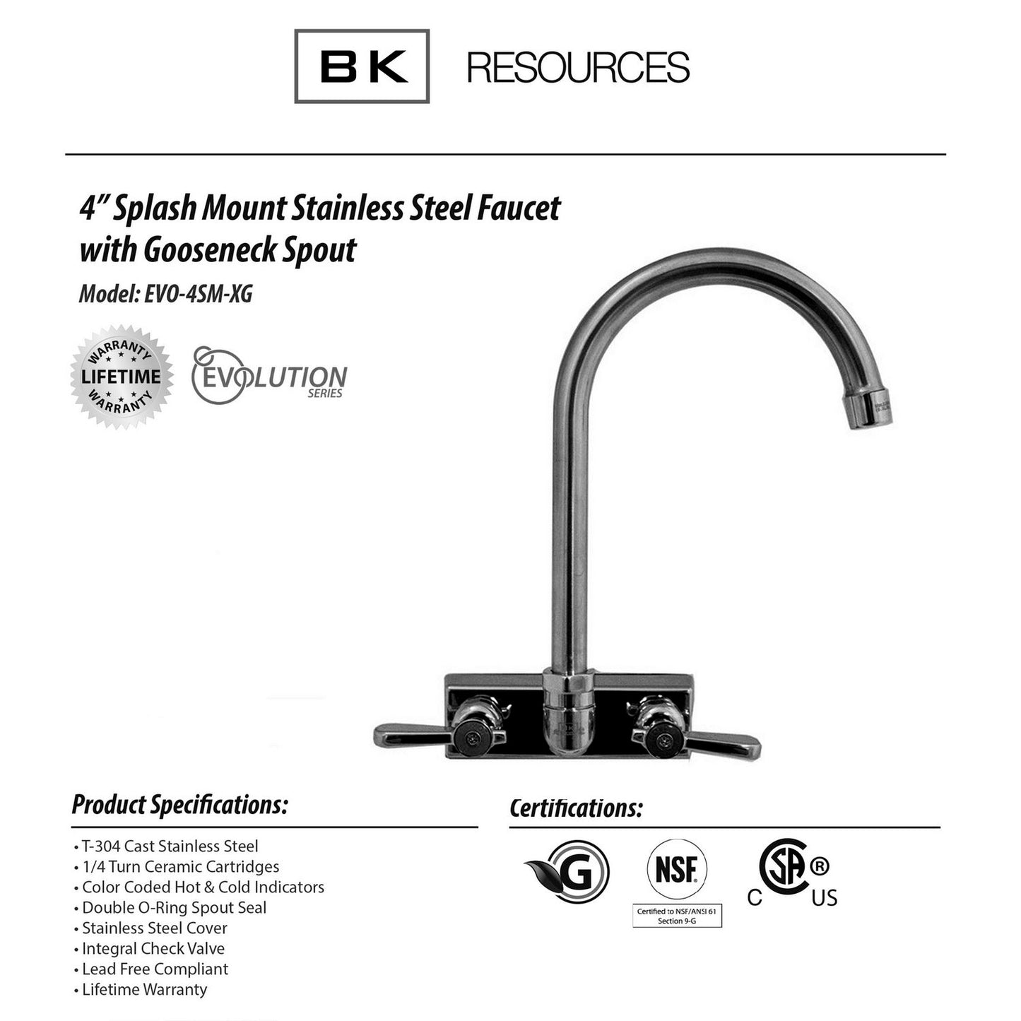 BK Resources Evolution Splash Mount Stainless Steel Faucet, 12.38" Height/8" Reach, Stainless Steel (EVO4SM8G)