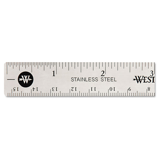 Westcott Stainless Steel Office Ruler With Non Slip Cork Base, Standard/Metric, 6" Long (10414)