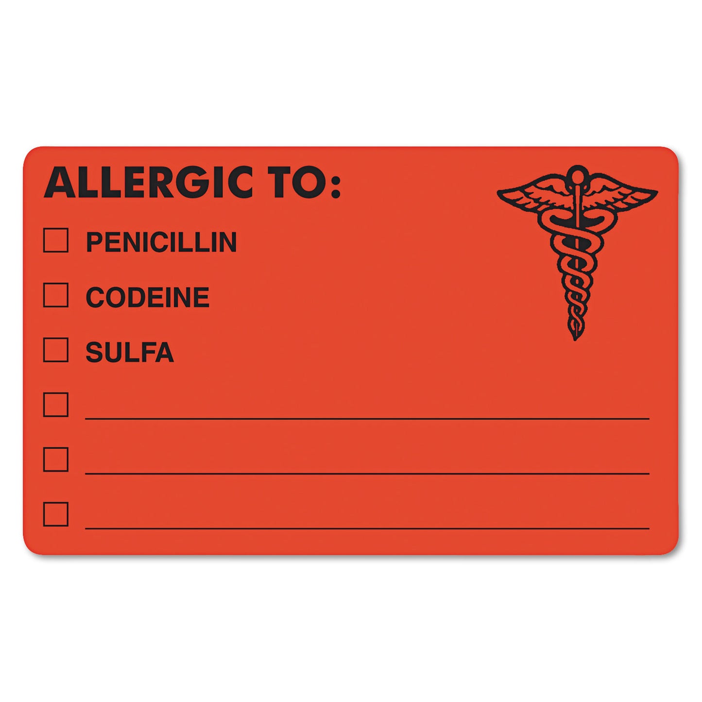 Tabbies Allergy Warning Labels, ALLERGIC TO: PENICILLN, CODEINE, SULFA, 2.5 x 4, Fluorescent Red, 100/Roll (00488)