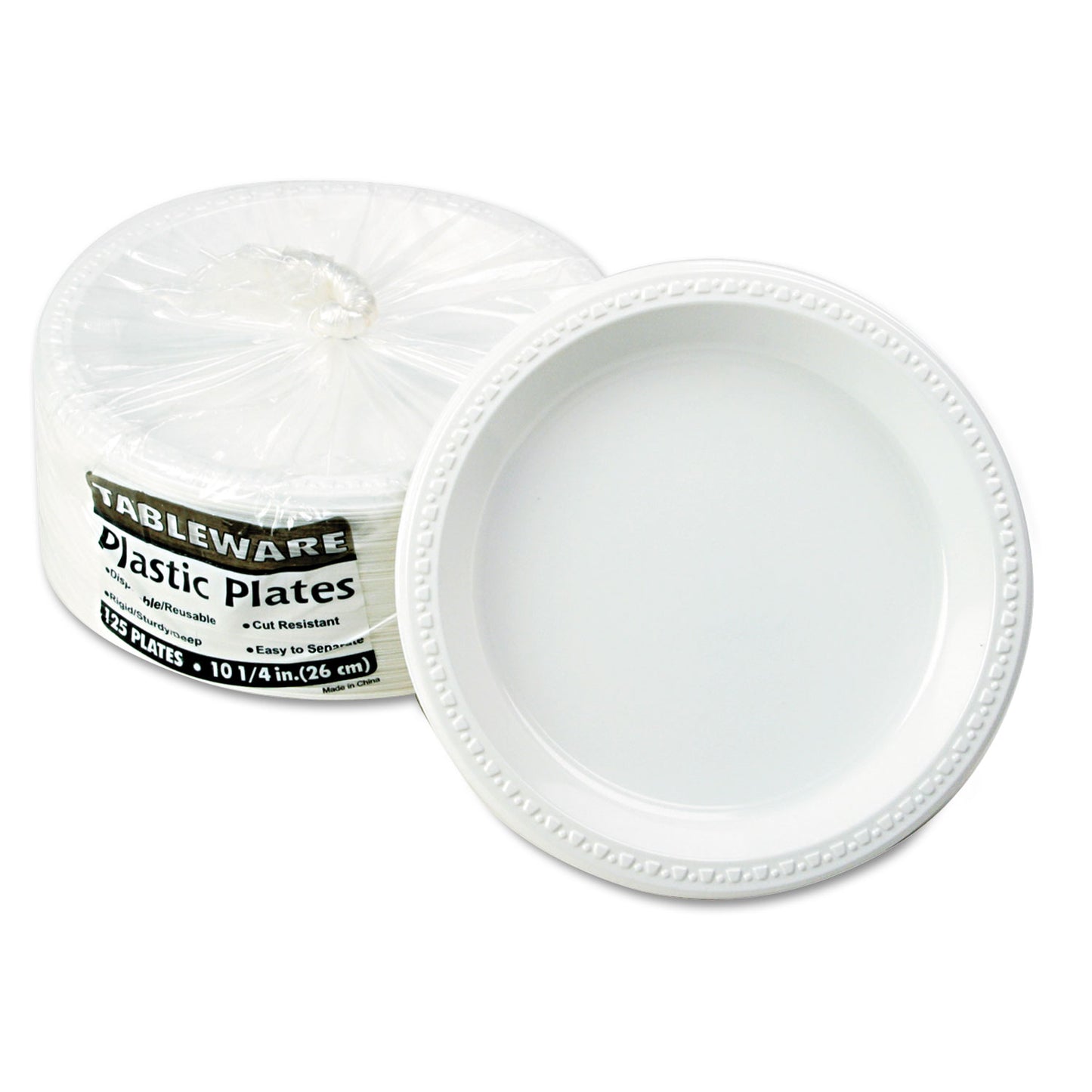 Tablemate Plastic Dinnerware, Plates, 10.25" dia, White, 125/Pack (TM10644WH)