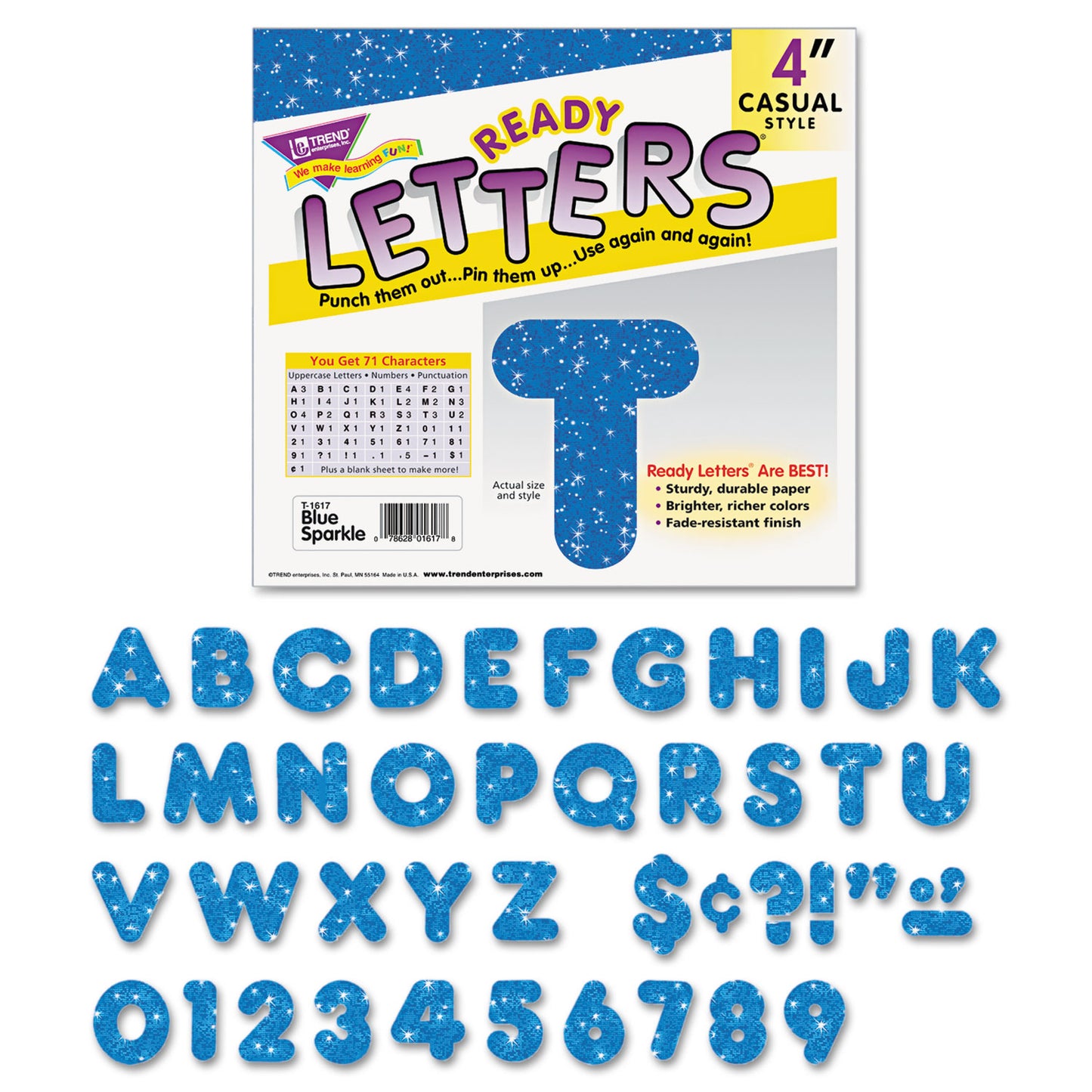 TREND Ready Letters Sparkles Letter Set, Blue Sparkle, 4"h, 71/Set (T1617)