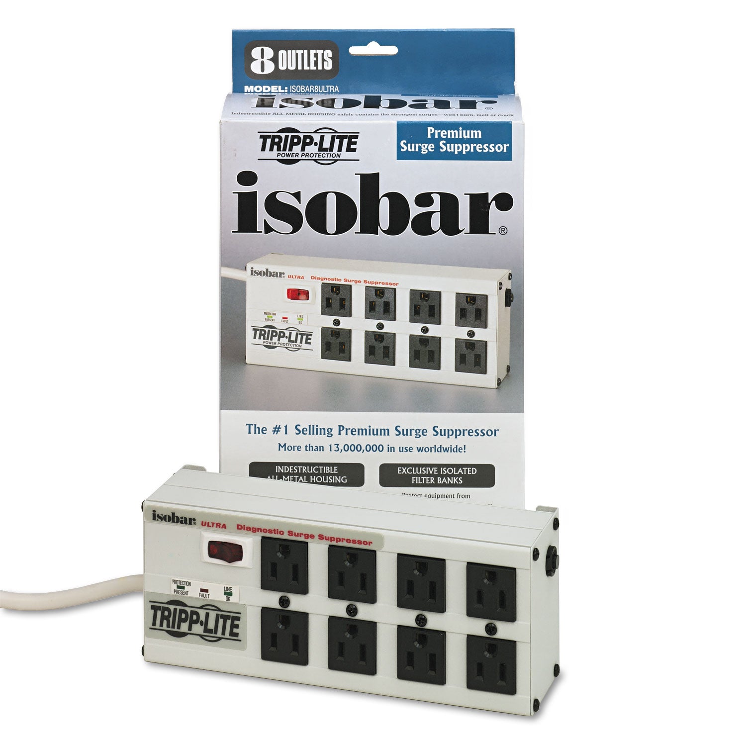 Tripp Lite Isobar Surge Protector, 8 AC Outlets, 12 ft Cord, 3,840 J, Light Gray (ISOBAR8ULTRA)