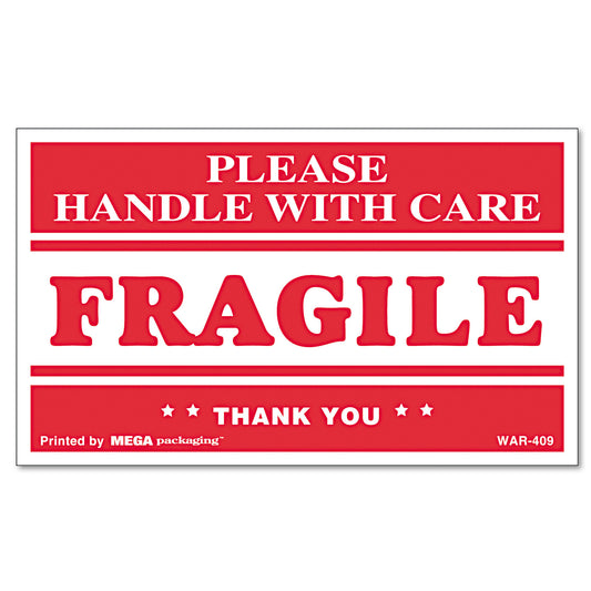 Universal Printed Message Self-Adhesive Shipping Labels, FRAGILE Handle with Care, 3 x 5, Red/Clear, 500/Roll (308383)