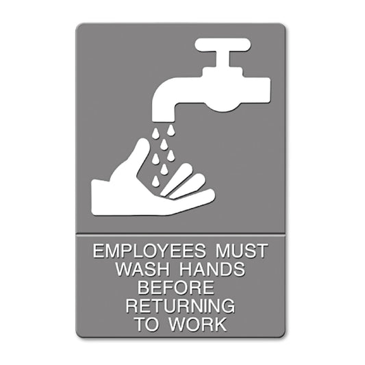 Headline ADA Sign, EMPLOYEES MUST WASH HANDS... Tactile Symbol/Braille, 6 x 9, Gray (4726)