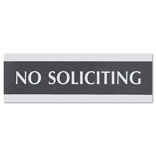 Headline Century Series Office Sign, NO SOLICITING, 9 x 3, Black/Silver (4758)