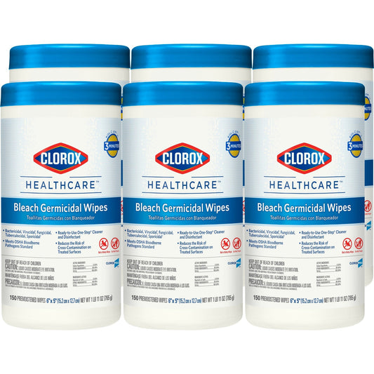 Clorox Healthcare Bleach Germicidal Wipes, 1-Ply, 6 x 5, Unscented, White, 150/Canister, 6 Canisters/Carton (30577CT)