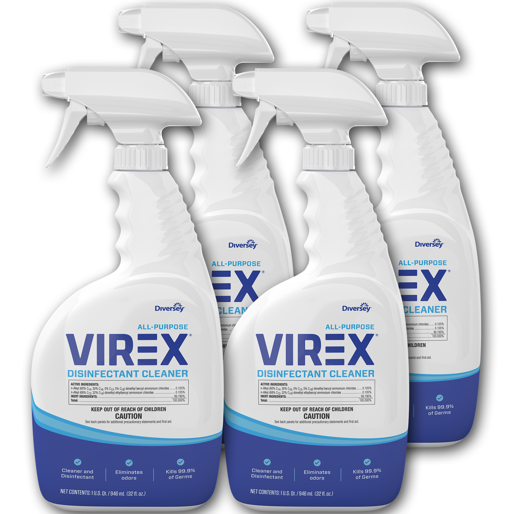 Diversey Virex All-Purpose Disinfectant Cleaner, Lemon Scent, 32 oz Spray Bottle, 4/Carton (CBD540540)