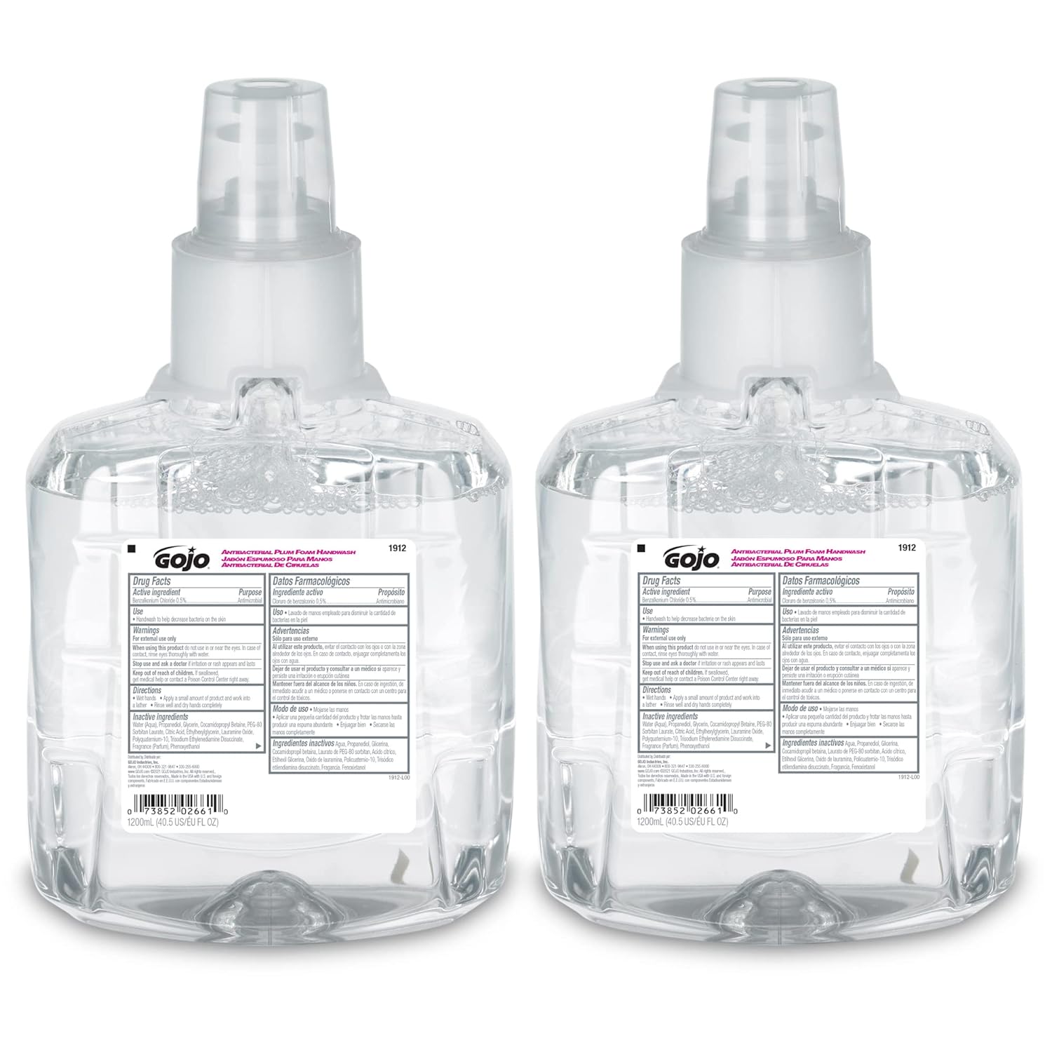 GOJO Antibacterial Foam Hand Wash Refill, For LTX-12 Dispenser, Plum Scent, 1,200 mL, 2/Carton (191202CT)