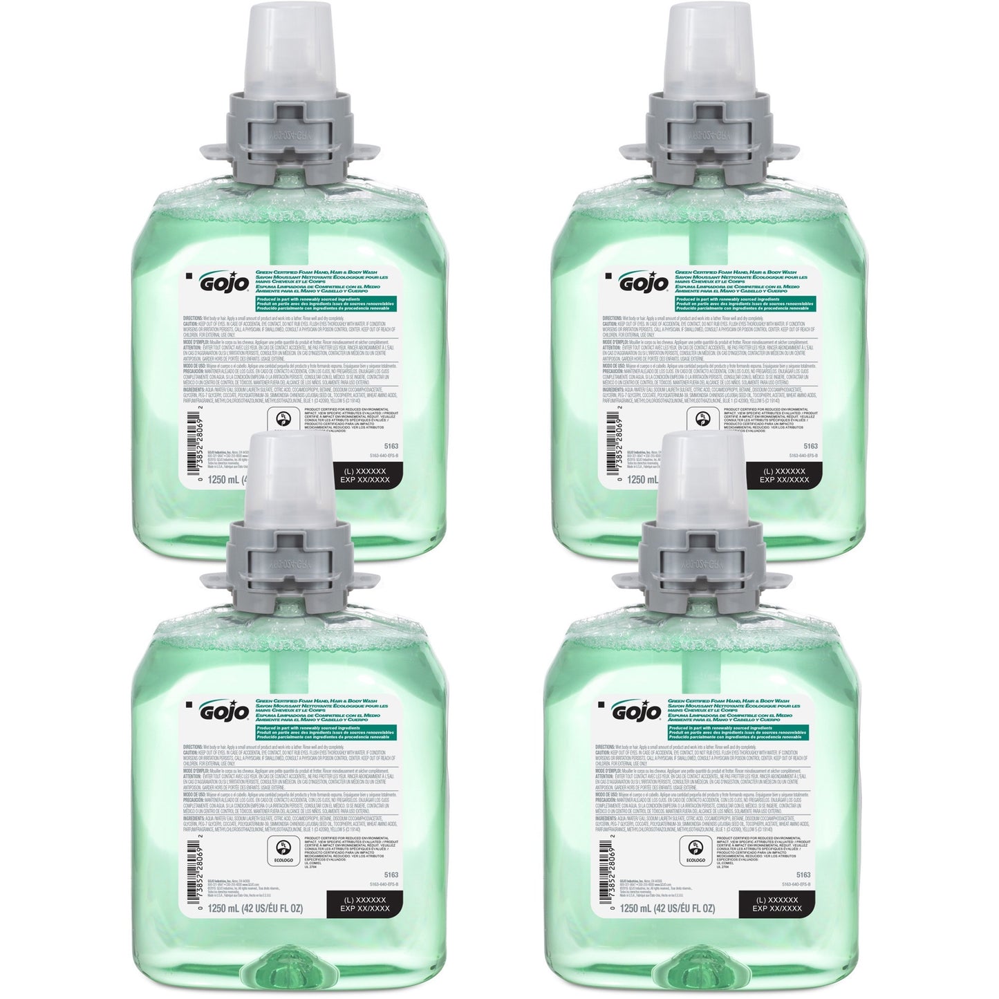 GOJO Green Certified Foam Hair and Body Wash Refill, Cucumber Melon Scent, 1,250 mL, 4/Carton (516304CT)