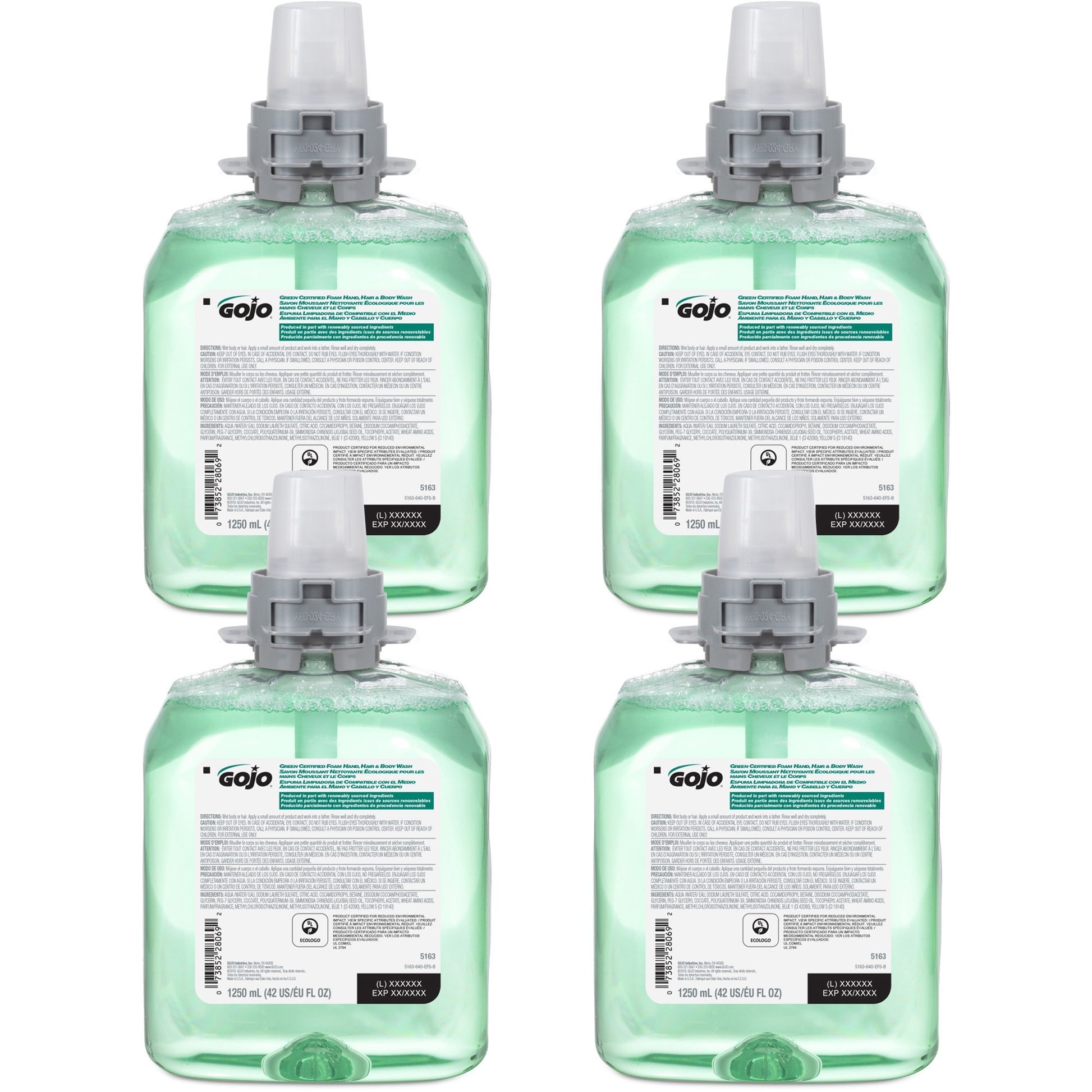 GOJO Green Certified Foam Hair and Body Wash Refill, Cucumber Melon Scent, 1,250 mL, 4/Carton (516304CT)