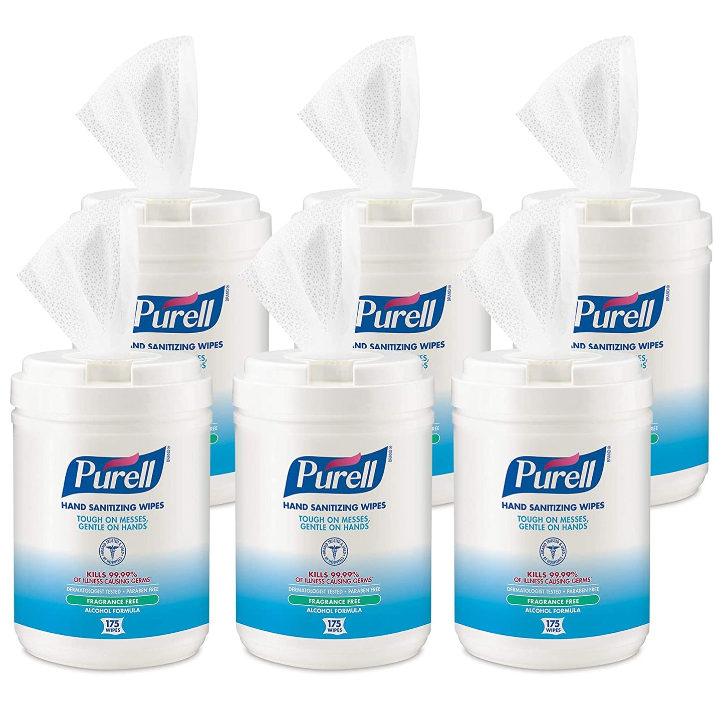 PURELL Hand Sanitizing Wipes Alcohol Formula, 6 x 7, Unscented, White, 175/Canister, 6 Canisters/Carton (903106)