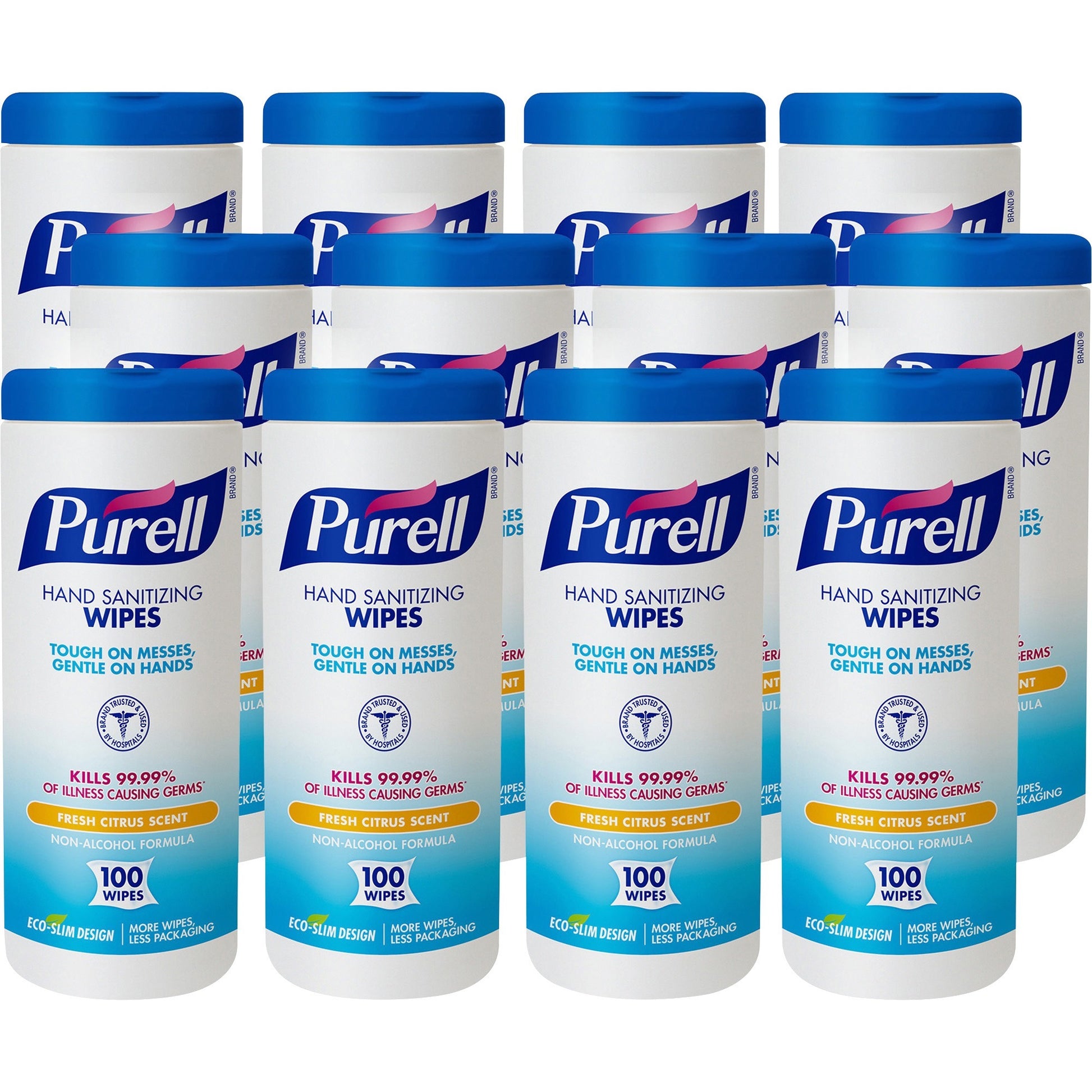 PURELL Premoistened Hand Sanitizing Wipes, 5.78 x 7, Fresh Citrus, White, 100/Canister, 12 Canisters/Carton (911112CT)