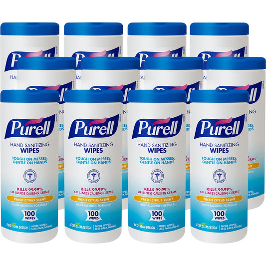 PURELL Premoistened Hand Sanitizing Wipes, 5.78 x 7, Fresh Citrus, White, 100/Canister, 12 Canisters/Carton (911112CT)