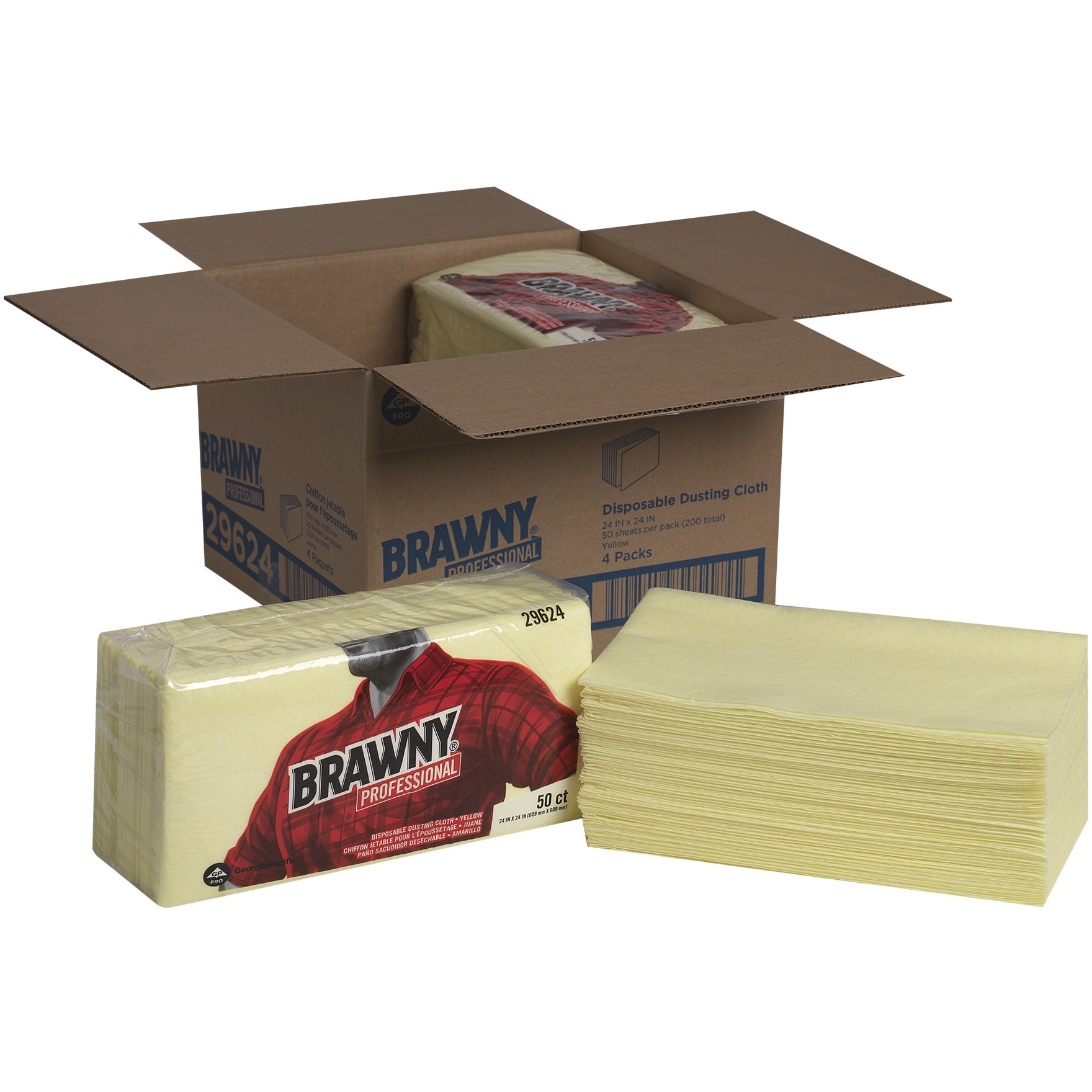 Brawny Dusting Cloths, Quarterfold, 24 x 24, Unscented, Yellow, 50/Pack, 4 Packs/Carton (29624)