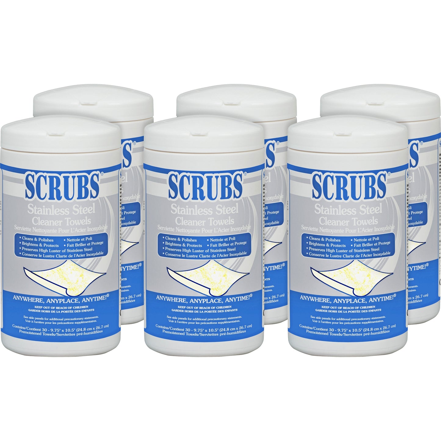 SCRUBS Stainless Steel Cleaner Towels, 1-Ply, 9.75 x 10.5, Lemon Scent, 30/Canister, 6 Canisters/Carton (91930CT)