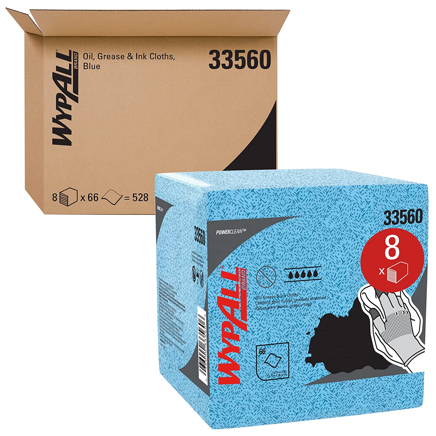 WypAll Power Clean Oil, Grease and Ink Cloths, 1/4 Fold, 12.5 x 12, Blue, 66/Box, 8 Boxes/Carton (33560)