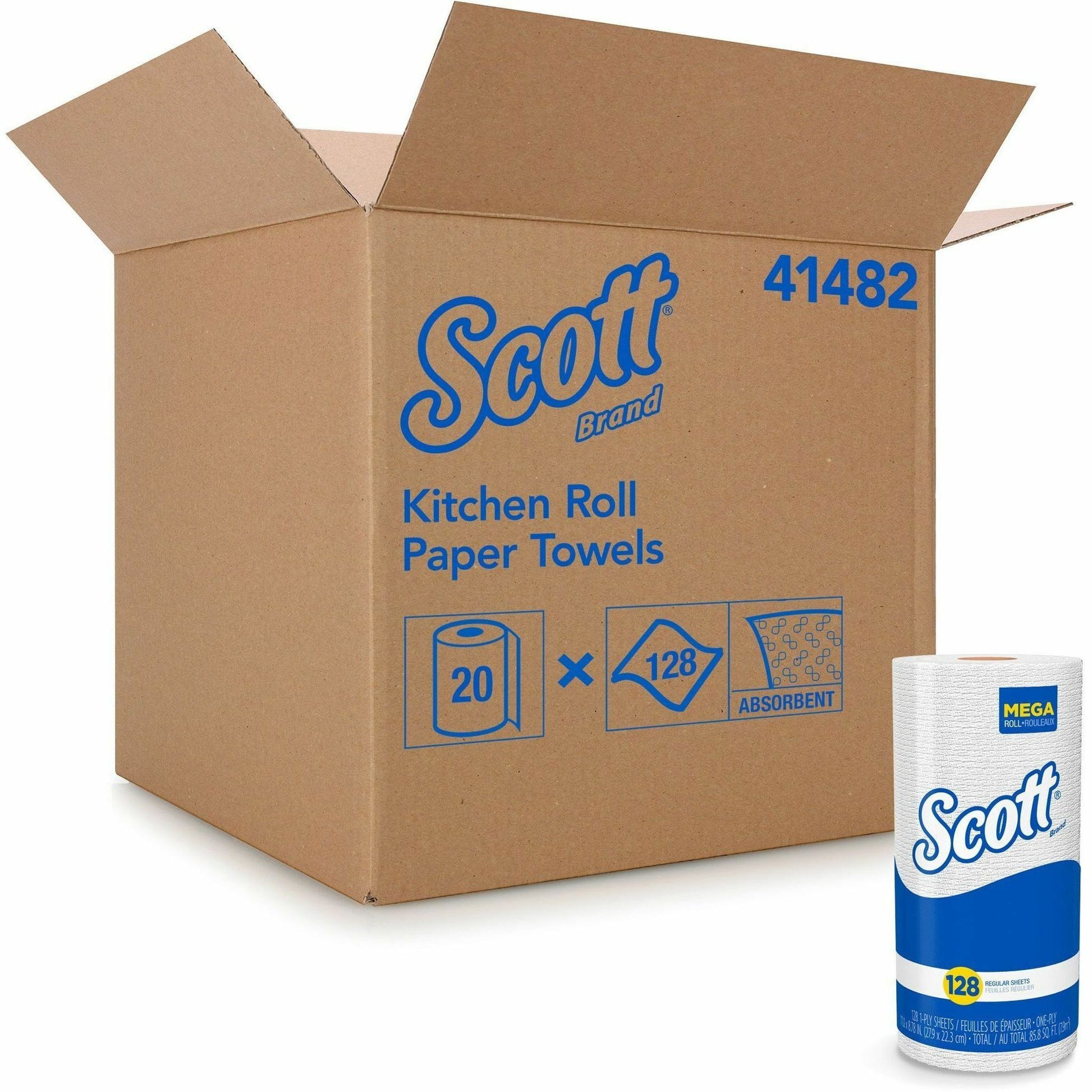 Scott Kitchen Roll Towels, 1-Ply, 11 x 8.75, White, 128/Roll, 20 Rolls/Carton (41482)