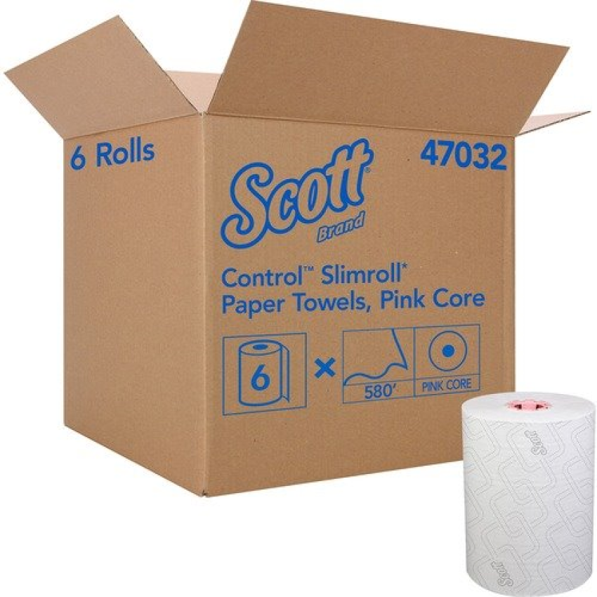 Scott Slimroll Towels, 1-Ply, 8" x 580 ft, White/Pink Core, Traditional Business, 6 Rolls/Carton (47032)