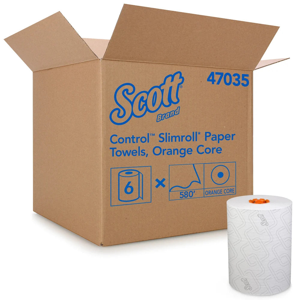 Scott Slimroll Towels, 1-Ply, 8" x 580 ft, White/Orange Core, 6 Roll/Carton (47035)