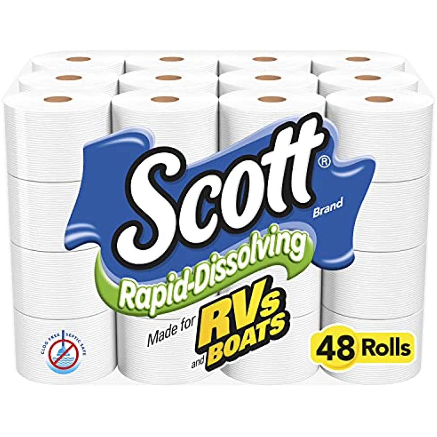 Scott Rapid-Dissolving Toilet Paper, Bath Tissue, Septic Safe, 1-Ply, White, 231 Sheets/Roll, 4/Rolls/Pack, 12 Packs/Carton (47617)