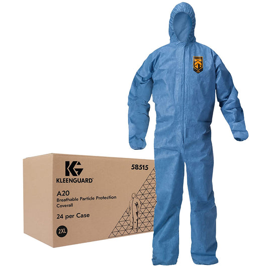 KleenGuard A20 Breathable Particle Protection Coveralls, Zip Front, Hood, Elastic Back, Wrists, Ankles, 2X-Large, Blue, 24/Carton (58515)