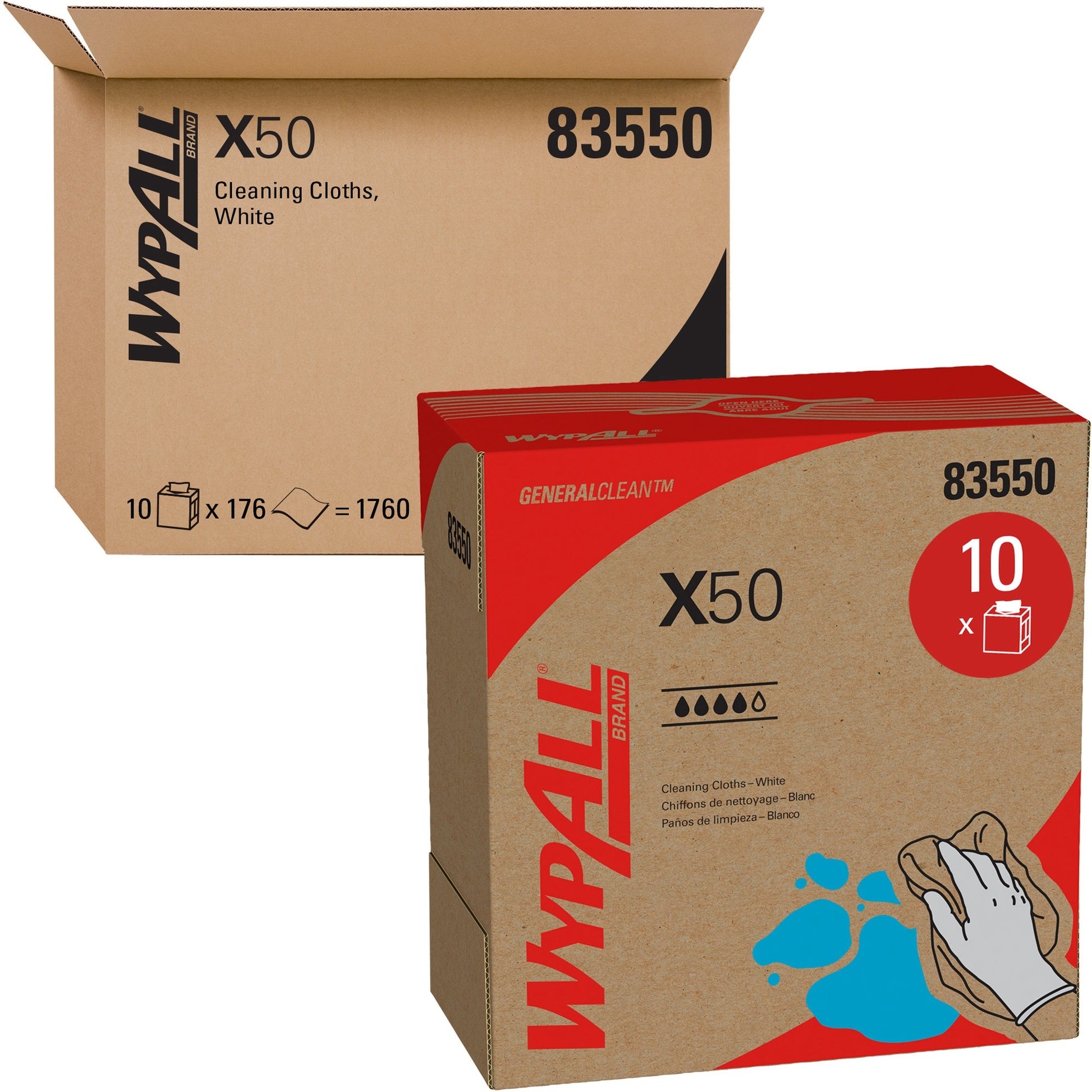 WypAll X50 Cloths, POP-UP Box, 12.5 x 9.1, White, 168/Box, 10 Boxes/Carton (83550)