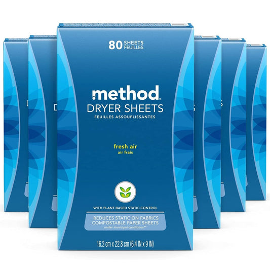 Method Dryer Sheets, Fresh Air, 80/Box, 6 Boxes/Carton (318048)