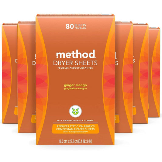 Method Dryer Sheets, Ginger Mango, 80/Box, 6 Boxes/Carton (318049)