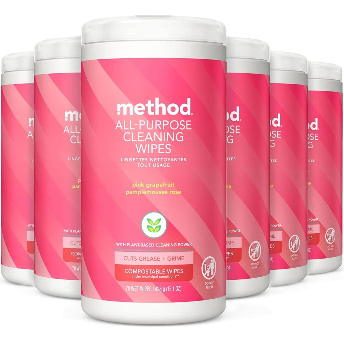 Method All Purpose Cleaning Wipes, 1 Ply, Pink Grapefruit, White, 70/Canister, 6/Carton (338527)