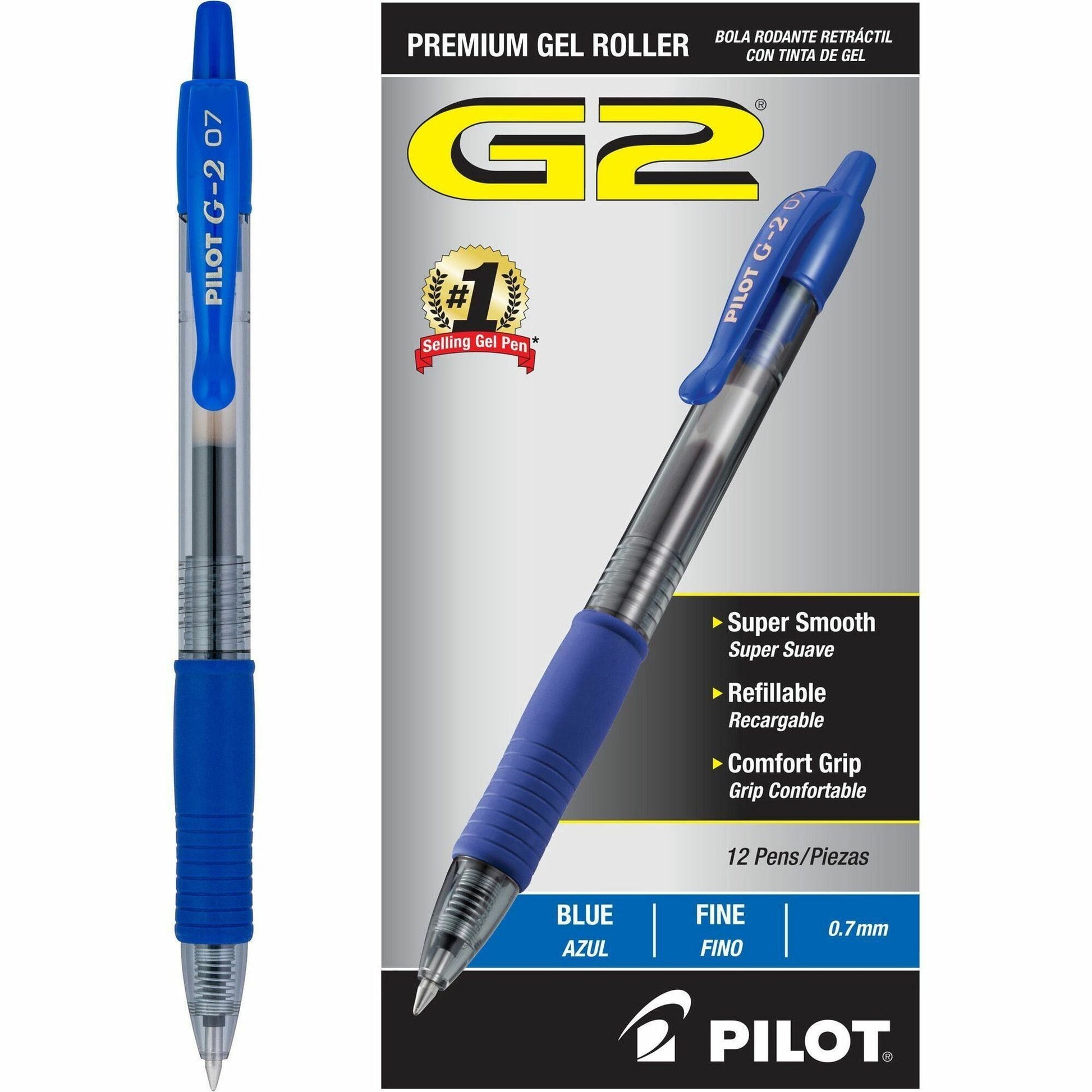 Pilot G2 Premium Gel Pen, Retractable, Fine 0.7 mm, Blue Ink, Smoke/Blue Barrel, 12/Pack (31021)