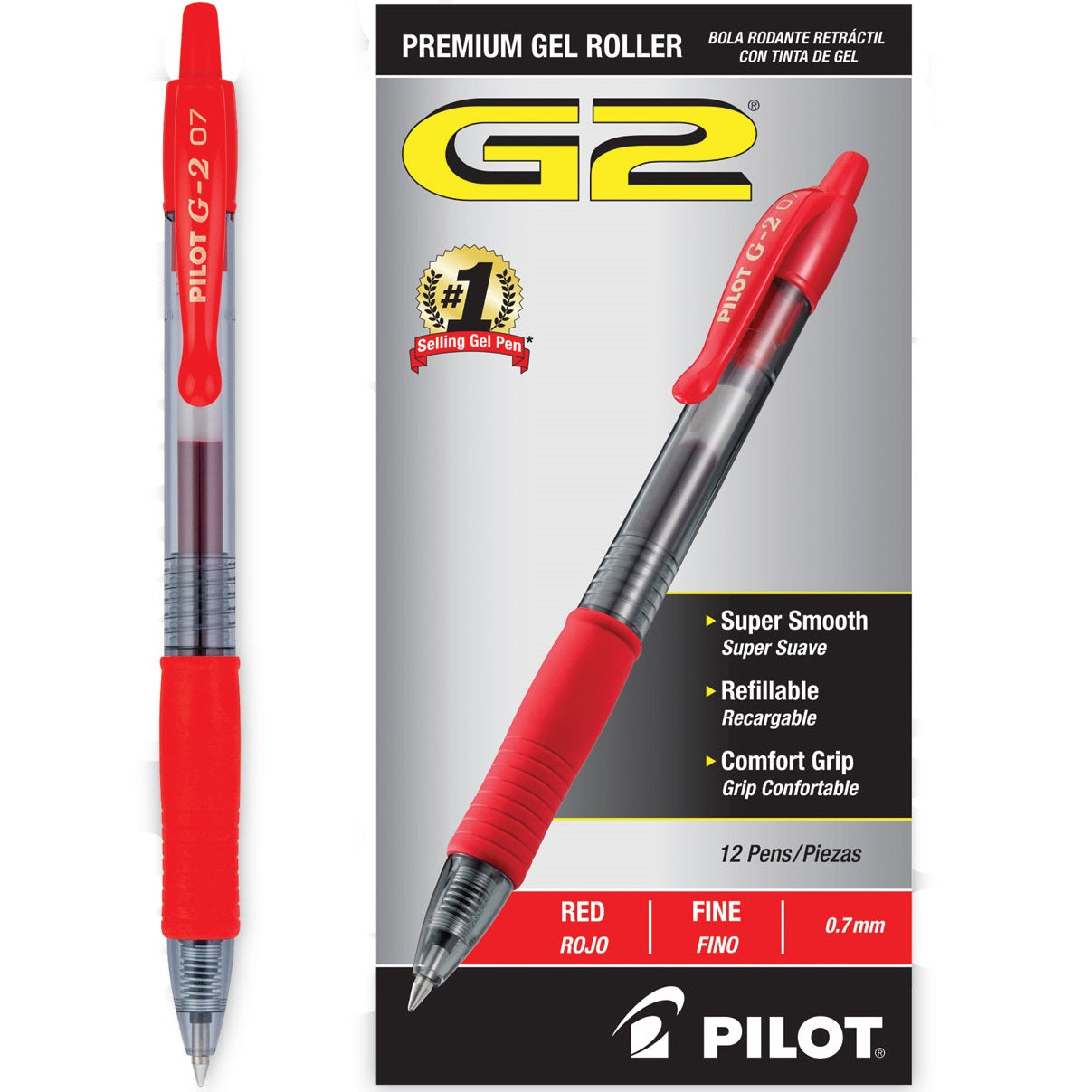 Pilot G2 Premium Gel Pen, Retractable, Fine 0.7 mm, Red Ink, Smoke/Red Barrel, Dozen (31022)