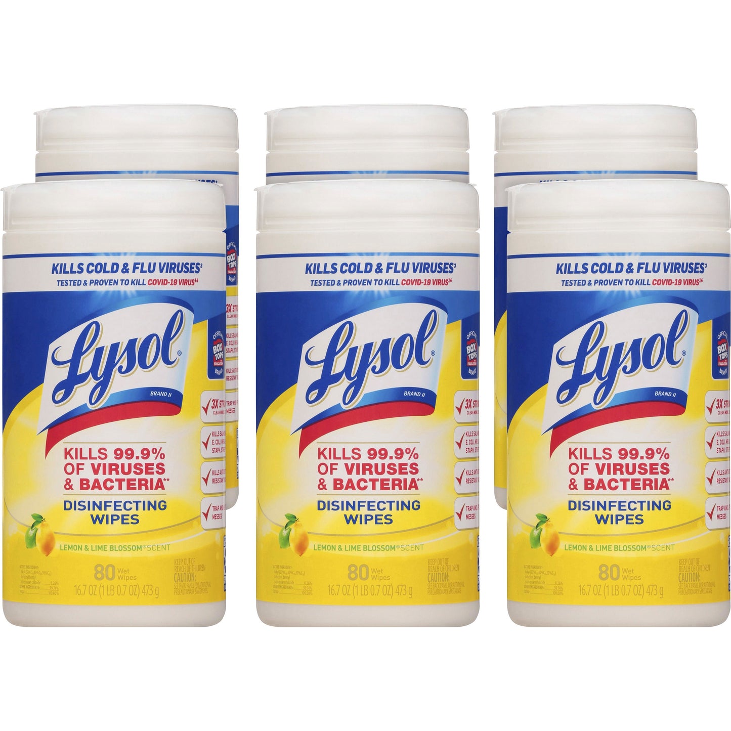 LYSOL Brand Disinfecting Wipes, 1-Ply, 7 x 7.25, Lemon and Lime Blossom, White, 80 Wipes/Canister, 6 Canisters/Carton (77182CT)