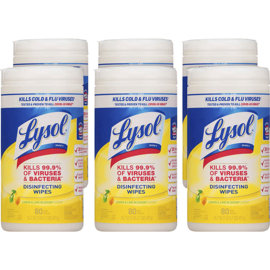 LYSOL Brand Disinfecting Wipes, 1-Ply, 7 x 7.25, Lemon and Lime Blossom, White, 80 Wipes/Canister, 6 Canisters/Carton (77182CT)