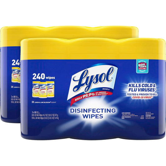 LYSOL Brand Disinfecting Wipes, 1-Ply, 7 x 7.25, Lemon and Lime Blossom, White, 80 Wipes/Canister, 3 Canisters/Pack, 2 Packs/Carton (84251CT)