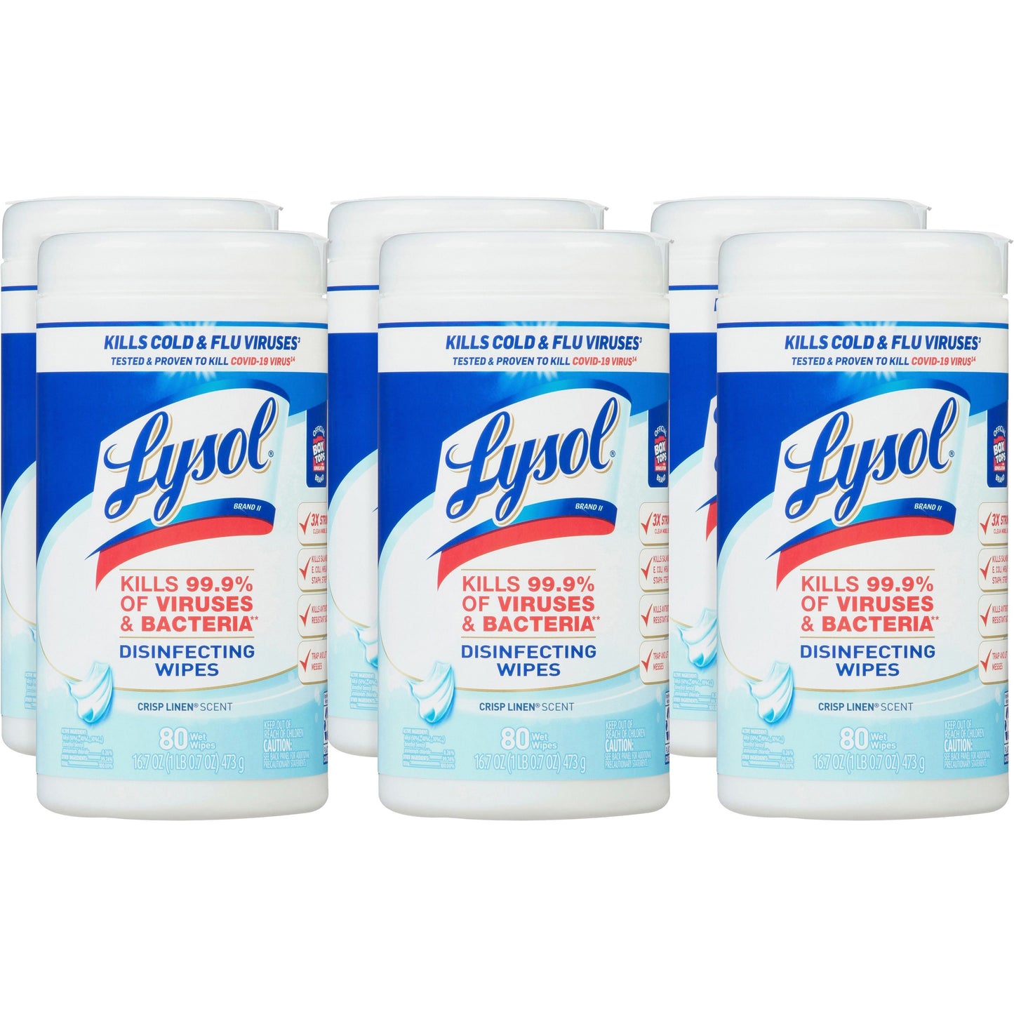 LYSOL Brand Disinfecting Wipes, 1-Ply, 7 x 7.25, Crisp Linen, White, 80 Wipes/Canister, 6 Canisters/Carton (89346CT)