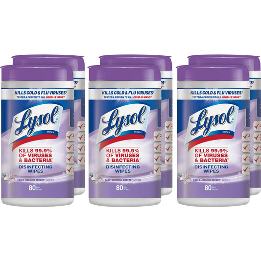 LYSOL Brand Disinfecting Wipes, 1-Ply, 7 x 7.25, Early Morning Breeze, White, 80 Wipes/Canister, 6 Canisters/Carton (89347CT)