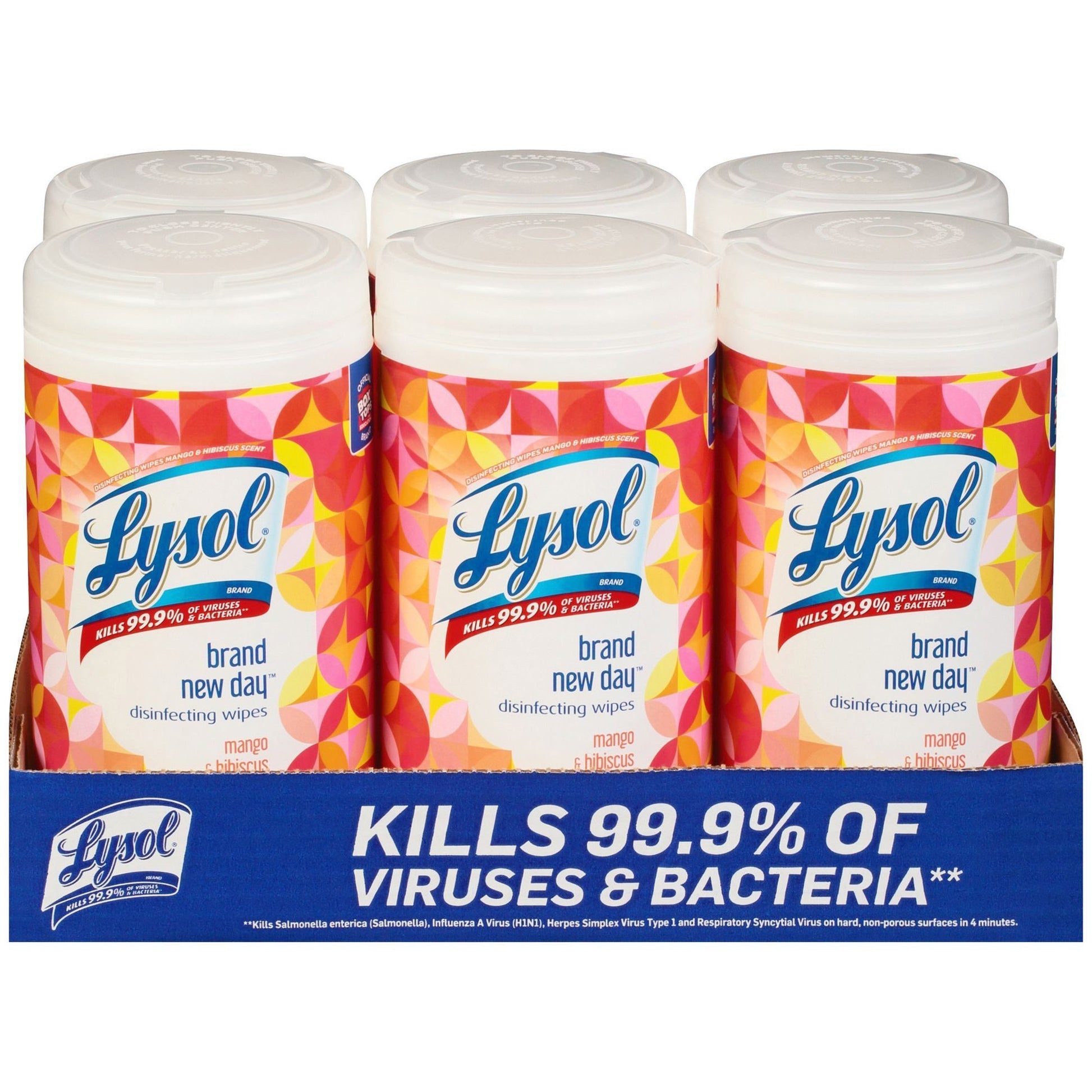 LYSOL Brand Disinfecting Wipes, 1-Ply, 7 x 7.25, Mango and Hibiscus, White, 80 Wipes/Canister, 6 Canisters/Carton (97181)