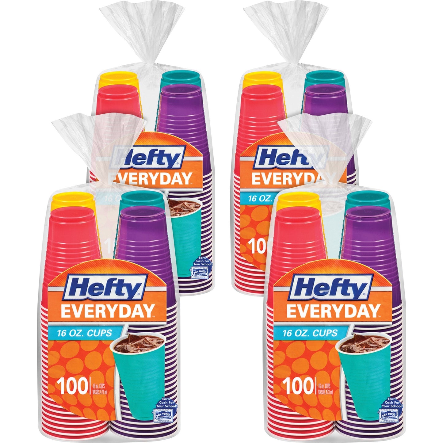 Hefty Easy Grip Disposable Plastic Party Cups, 16 oz, Assorted Colors, 100/Pack, 4 Packs/Carton (C21637CT)