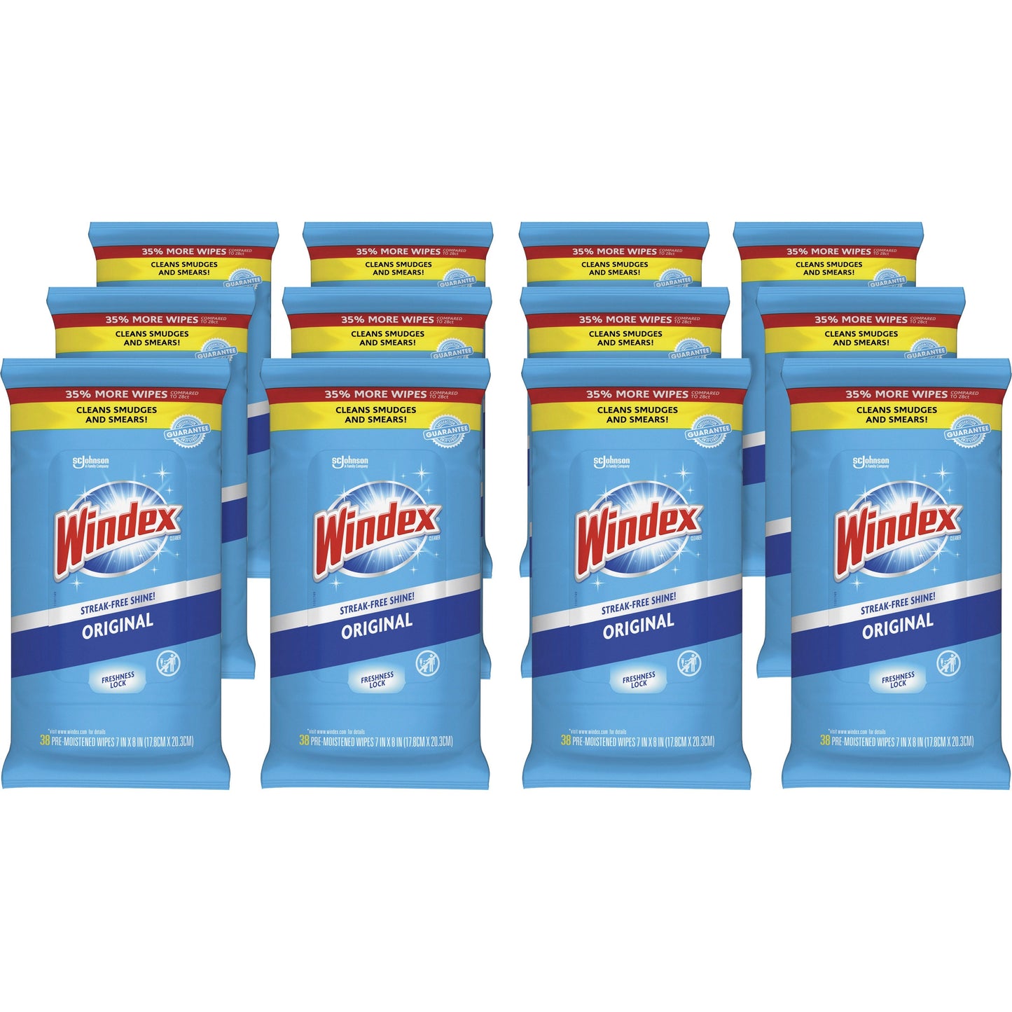 Windex Glass and Surface Wet Wipe, Cloth, 7 x 8, Unscented, White, 38/Pack, 12 Packs/Carton (319251)