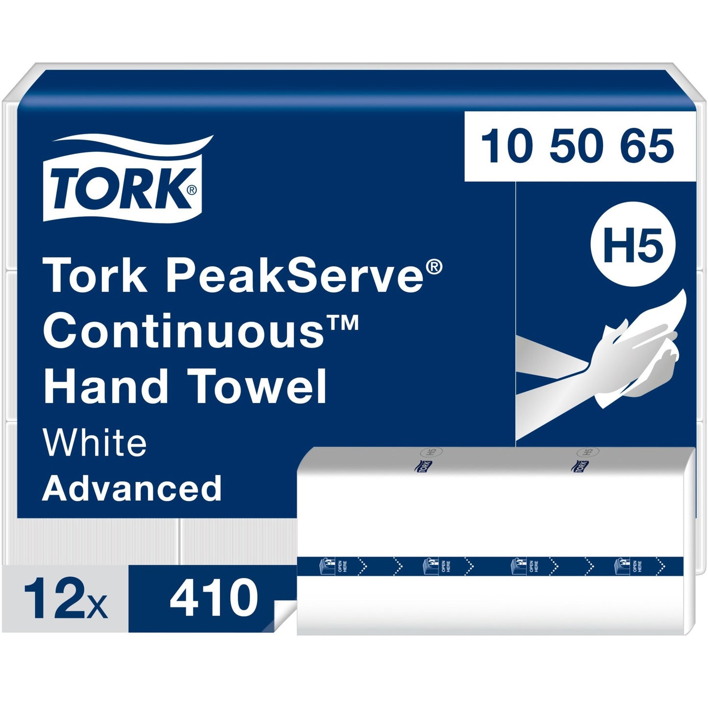 Tork PeakServe Continuous Hand Towel, 1-Ply, 7.91 x 8.85, White, 410 Wipes/Pack, 12 Packs/Carton (105065)