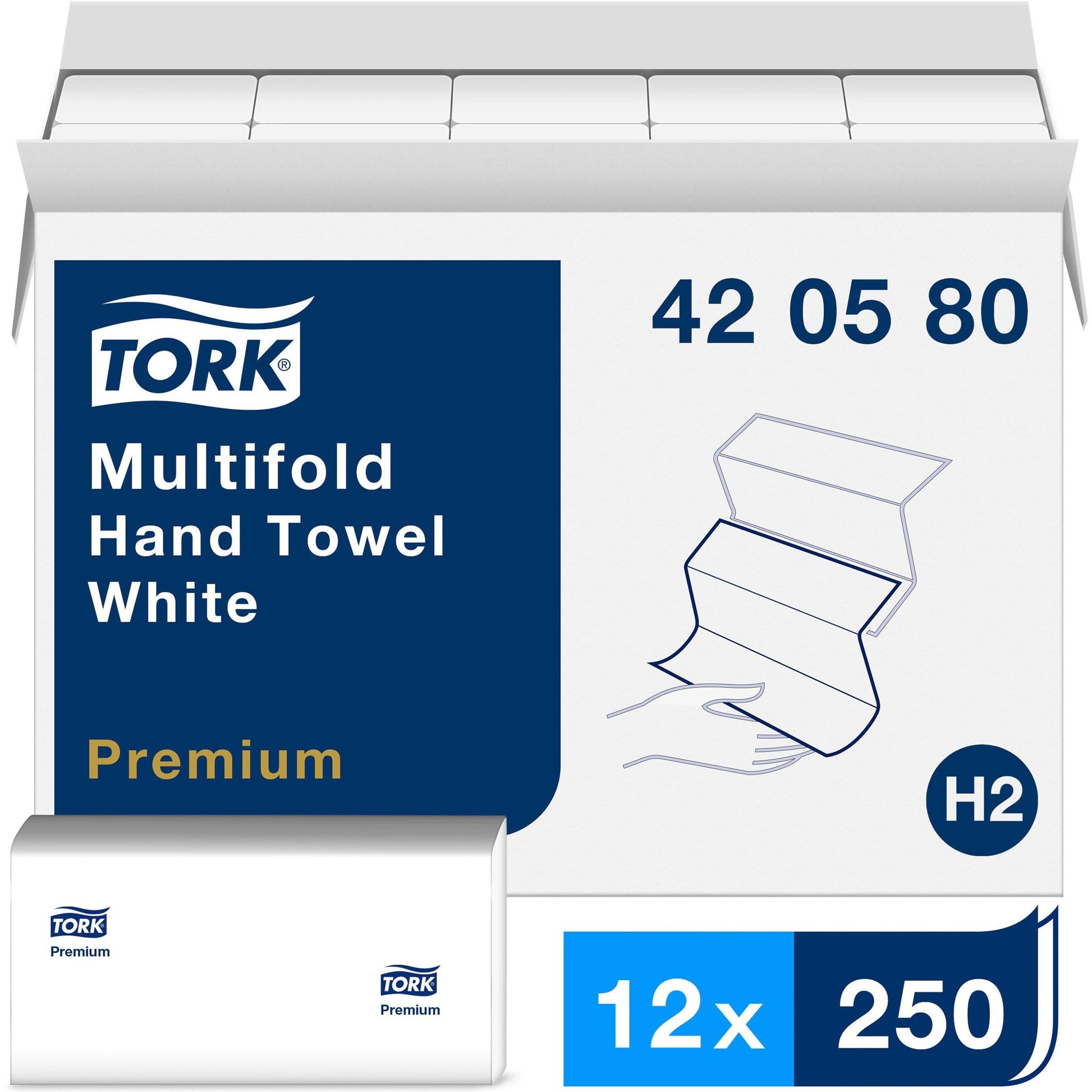 Tork Premium Multifold Towel, 1-Ply, 9 x 9.5, White, 250/Pack, 12 Packs/Carton (420580)