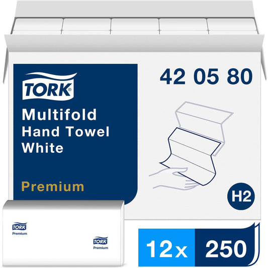 Tork Premium Multifold Towel, 1-Ply, 9 x 9.5, White, 250/Pack, 12 Packs/Carton (420580)