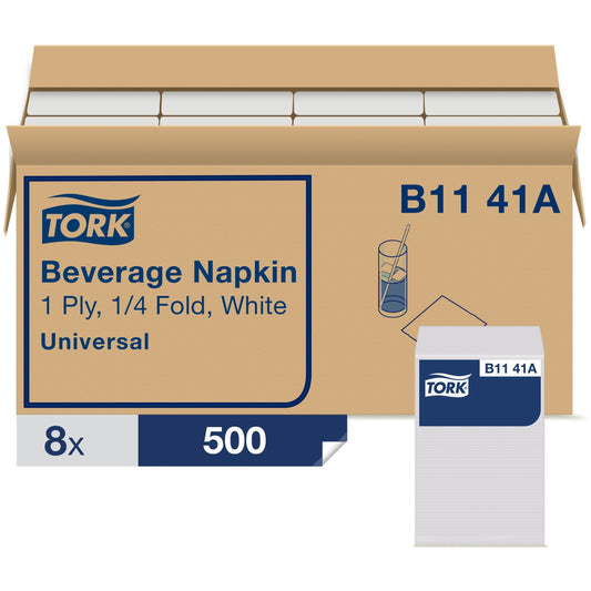 Tork Universal Beverage Napkin, 1-Ply,9.13 x 9.13, 1/4 Fold, Poly-Pack, White, 4000/Carton (B1141A)