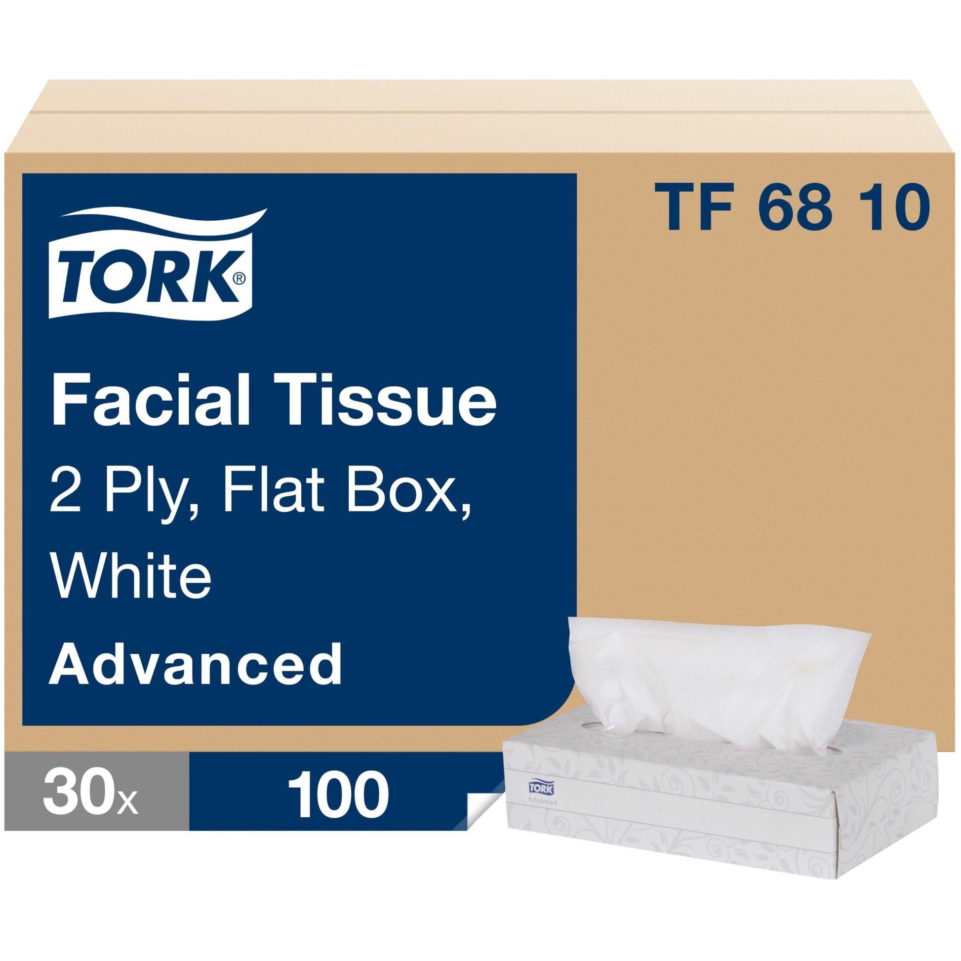 Tork Advanced Facial Tissue, 2-Ply, White, Flat Box, 100 Sheets/Box, 30 Boxes/Carton (TF6810)